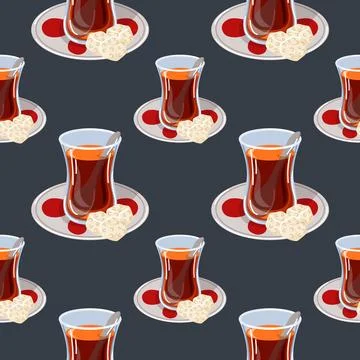Seamless pattern with traditional Turkish tea glasses on saucers with sugar Stock Illustration