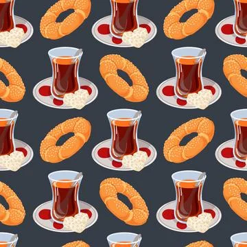 Seamless pattern with traditional Turkish tea glass on saucer and simit on dark Stock Illustration