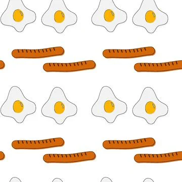 A seamless pattern on a transparent background of fried eggs and sausages Stock Illustration