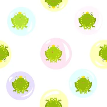 Seamless pattern on transparent background with green frogs in soap bubbles Stock Illustration
