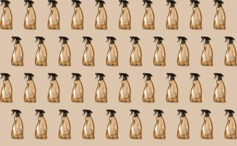 Seamless pattern of transparent plastic bottle of cleaning product, household Stock Photos