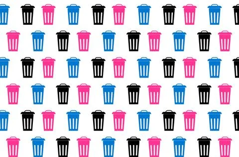 Seamless Pattern of Trash Can Icons in Blue, Pink and Black on White Backgrou Stockillustratie