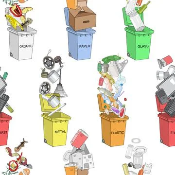 Seamless pattern. Trash cans with sorted garbage set Stock Illustration