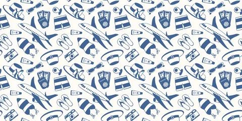 Seamless pattern with travel and vacation theme, airplane, hat, shorts and flip Stock Illustration