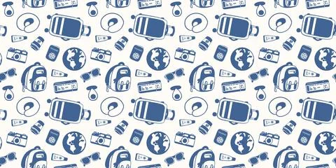 Seamless pattern with travel bag, backpack, globe, camera, sunglasses, passport Stock Illustration