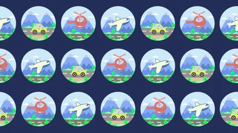 Seamless pattern with travel icons featuring car, airplane, and helicopter Stock Footage 334585179
