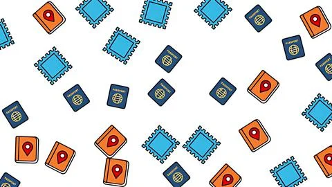 Seamless pattern of travel icons featuring passports, stamps, and maps for .. Stock Illustration