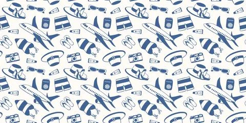 Seamless pattern with travel item, airplane, hat, shorts, camera, sunglasses Stock Illustration