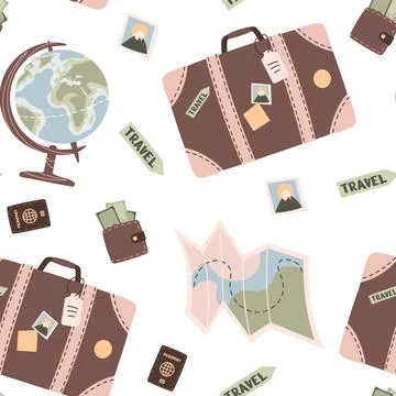 Seamless pattern with travel items. Endless background with suitcase, compa.. Stock Illustration