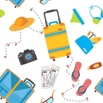 Seamless pattern with travel items including suitcase and tourist stuff, pattern Stock Illustration