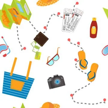 Seamless pattern with travel items including suitcase with tourist stuff Stock Illustration