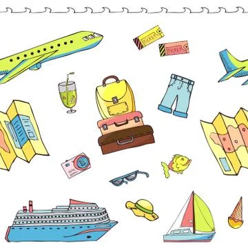 Seamless pattern with travel items including suitcase, plane, cruise liner, map Stock Illustration