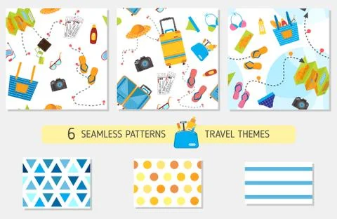 Seamless pattern with travel items including suitcase, plane, cruise liner, map Stock Illustration