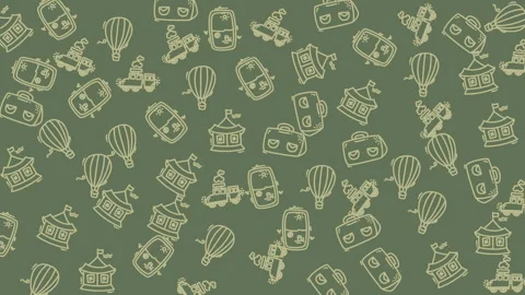 Seamless Pattern of Travel Landmarks and Hot Air Balloons in Olive Green Stock Footage 319388989