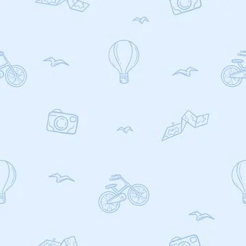 Seamless pattern with travel, map, bicycle, camera Stock Illustration