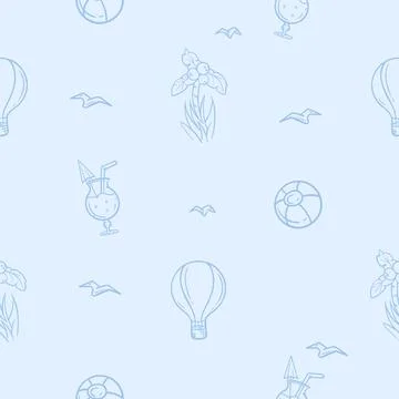 Seamless pattern with travel, palm, ball, cocktail Stock Illustration