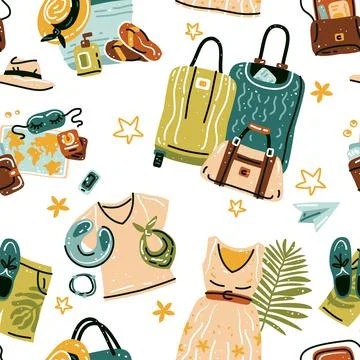 Seamless pattern with travel stuff objects. Vector Stock Illustration