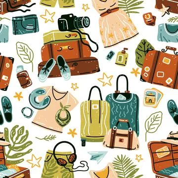 Seamless pattern with travel stuff objects. Vector イラスト素材