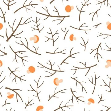 Seamless pattern with tree branch and mushrooms over white background Illustrazione stock