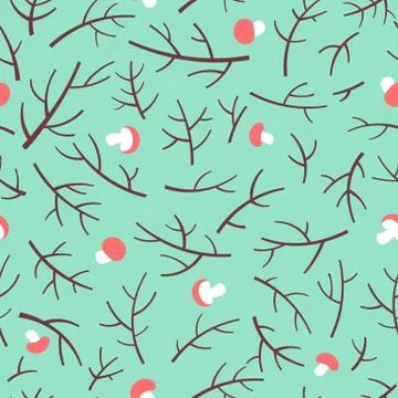 Seamless pattern with tree branch and mushrooms over green background. Stock Illustration