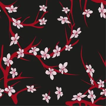 Seamless pattern with tree branch blossom on black background. Stock Illustration