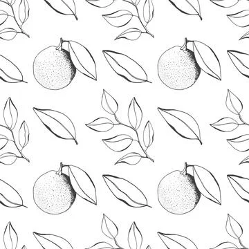 Seamless pattern with tree branch orange and  leaves, engraved style background. Stock Illustration