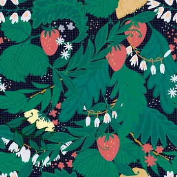 Seamless pattern. Tree branches with strawberries and lilies of the valley... Illustrazione stock