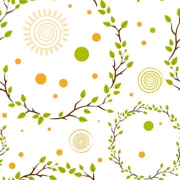 Seamless pattern with tree branches wreaths and sun symbols Stock Illustration