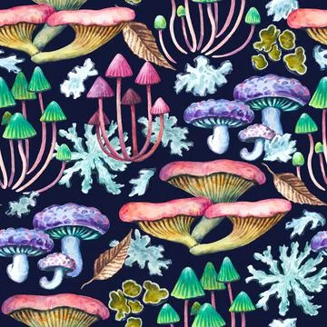 Seamless pattern with tree forest mushrooms and lichens. Realistic botanical Stock Illustration