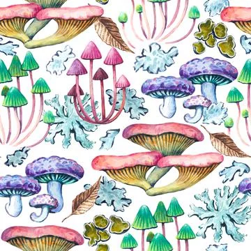 Seamless pattern with tree forest mushrooms and lichens. Realistic botanical Stock Illustration