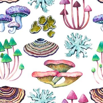 Seamless pattern with tree forest mushrooms and lichens. Realistic botanical Stock Illustration