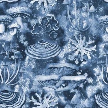 Seamless pattern with tree forest mushrooms and lichens. Gray silver botanical Illustrazione stock