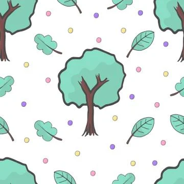A seamless pattern with tree, leaves and colorful circles,spring leaf background Stock Illustration