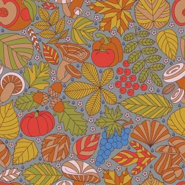 Seamless pattern with tree leaves, mushrooms and vegetables. Various elements Stock Illustration