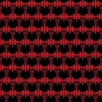 Seamless pattern tree Ornament of Russian folk embroidery, red contour on bla Stock Illustration