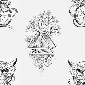 Seamless pattern of tree in triangle and owl with a clock on a white background. Stock Illustration