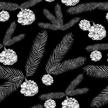 Seamless pattern tree twigs and cones painted line on black. Tree, fir, pine  Stock Illustration