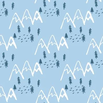 Seamless pattern with trees and mountains on blue background. Scandinavian en Stock Illustration