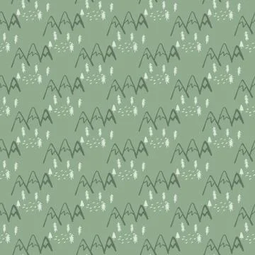 Seamless pattern with trees and mountains on green background. Scandinavian e Stock Illustration