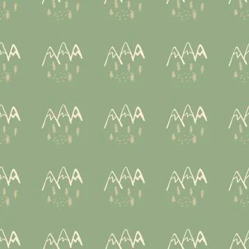 Seamless pattern with trees and mountains on green background. Geomteric endl Stock Illustration