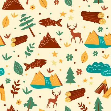 Seamless pattern with trees and mountains. Hand drawn vector Stock Illustration