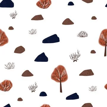 Seamless pattern trees and stones on white background. Abstract texture decor Illustrazione stock