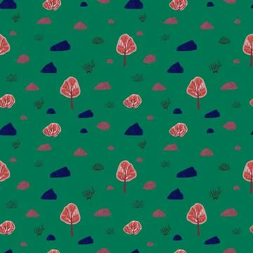 Seamless pattern trees and stones on green background. Abstract texture decor Illustrazione stock