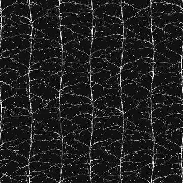 Seamless pattern of trees with branches with snowflakes on a black background Stock Illustration