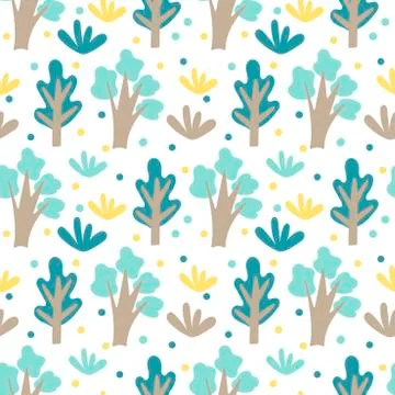Seamless pattern with trees, bushes and other plants, Doodle elements. Hand d Illustrazione stock