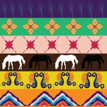 Seamless pattern with trees ornaments horses and chevron Stock Illustration