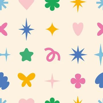 Seamless pattern with trendy abstract figures, stars, flowers and hearts. Y2K Stock Illustration