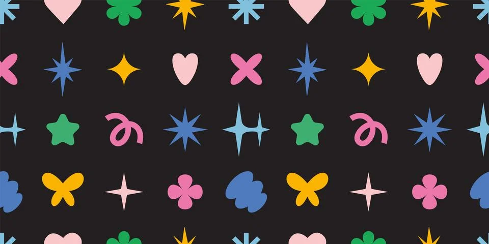 Seamless pattern with trendy abstract figures, stars, flowers and hearts. Y2K Stock Illustration