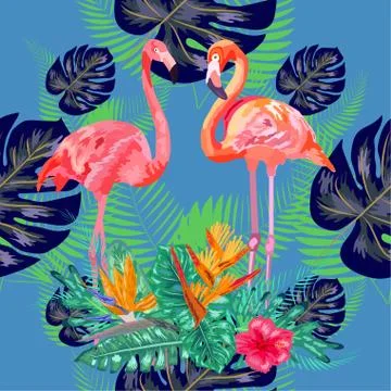 Seamless pattern of trendy bird pink flamingos. art design wallpaper Illustrazione stock