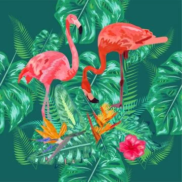 Seamless pattern of trendy bird pink flamingos. art design wallpaper Stock Illustration